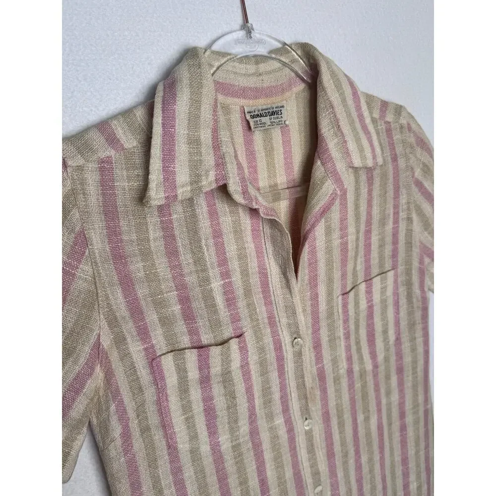 1970s Donal Davies Ireland Linen Wool Stripe Shirt Dress Size Small